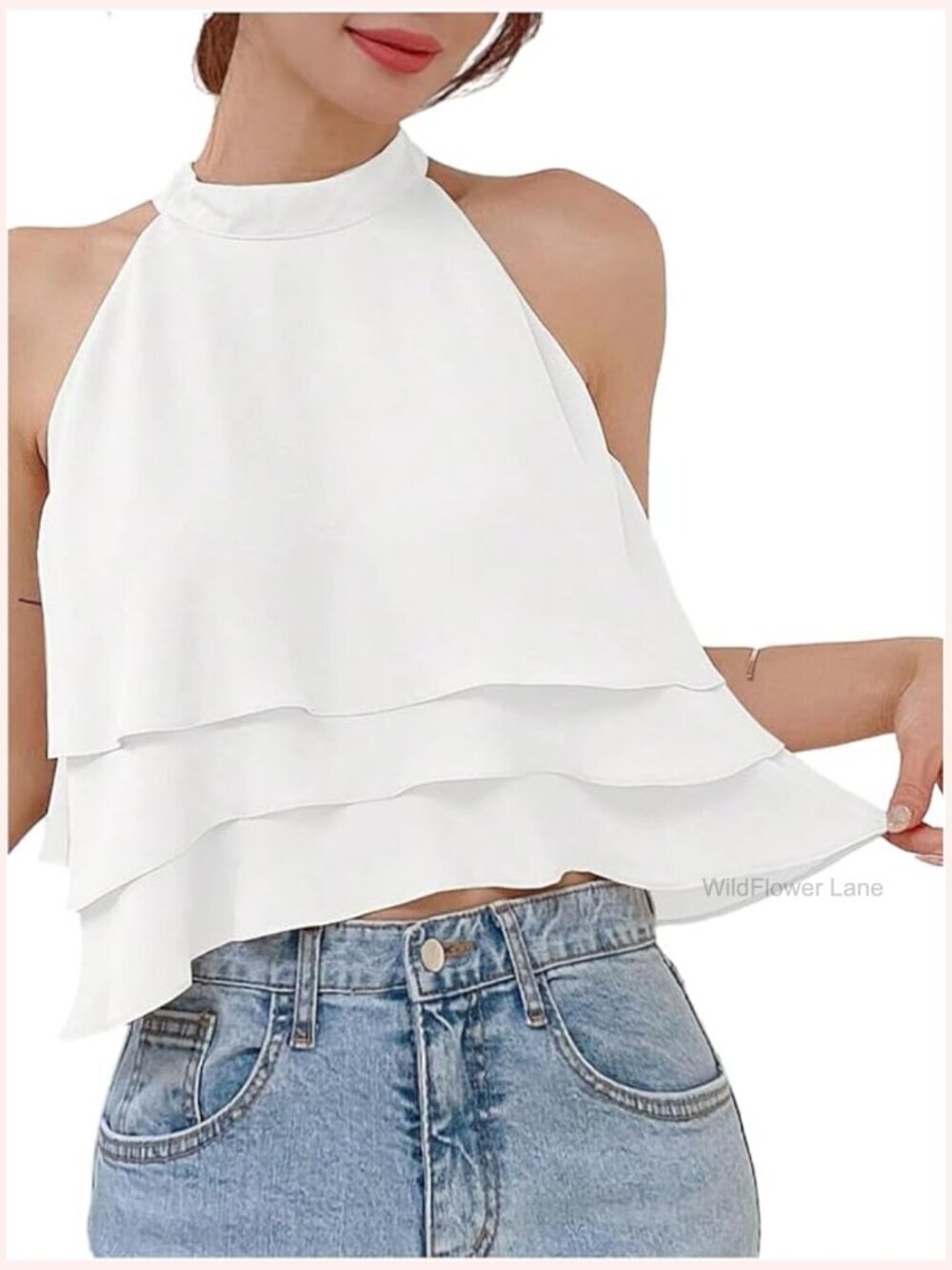 Sleeveless Halter Neck Crop Top Flowy Ruffle Hem Blouse